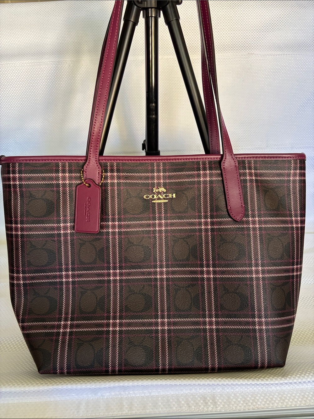 Coach Burgundy Plaid Signature Tote